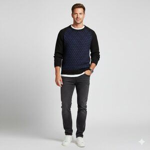 FIRTH Premium Wool & Cashmere Textured Raglan Sweater Black Indigo Geometric